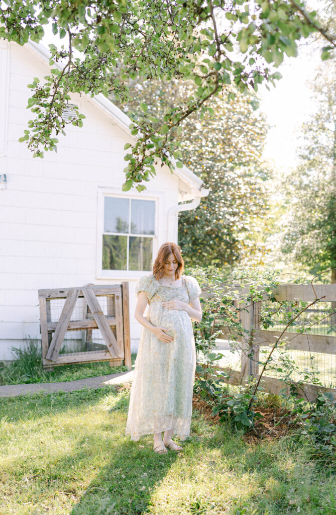 mom holding pregnant belly under a giant shade tree. knoxville maternity photographer. holmstead studio